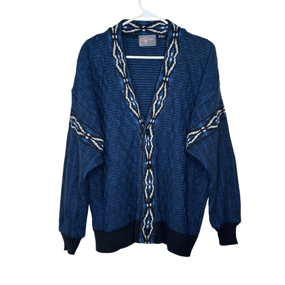VTG Anchor Blue Aztec Cardigan V Grandpa Button Southwestern 90's 80's Large L